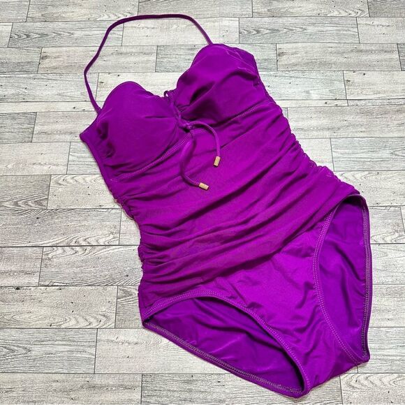 LAUREN RALPH LAUREN RUCHED HALTER LACE UP SLIMMING PURPLE ONE PIECE SWIMSUIT 6 - Picture 1 of 13